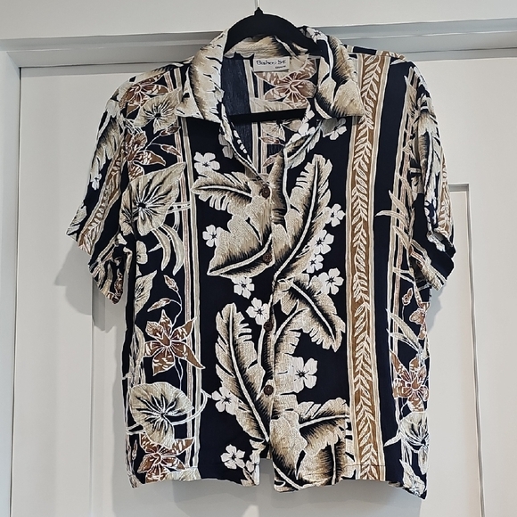 Tan and Navy Blue Rayon Button Down Shirt with Vintage Pattern - Picture 1 of 7